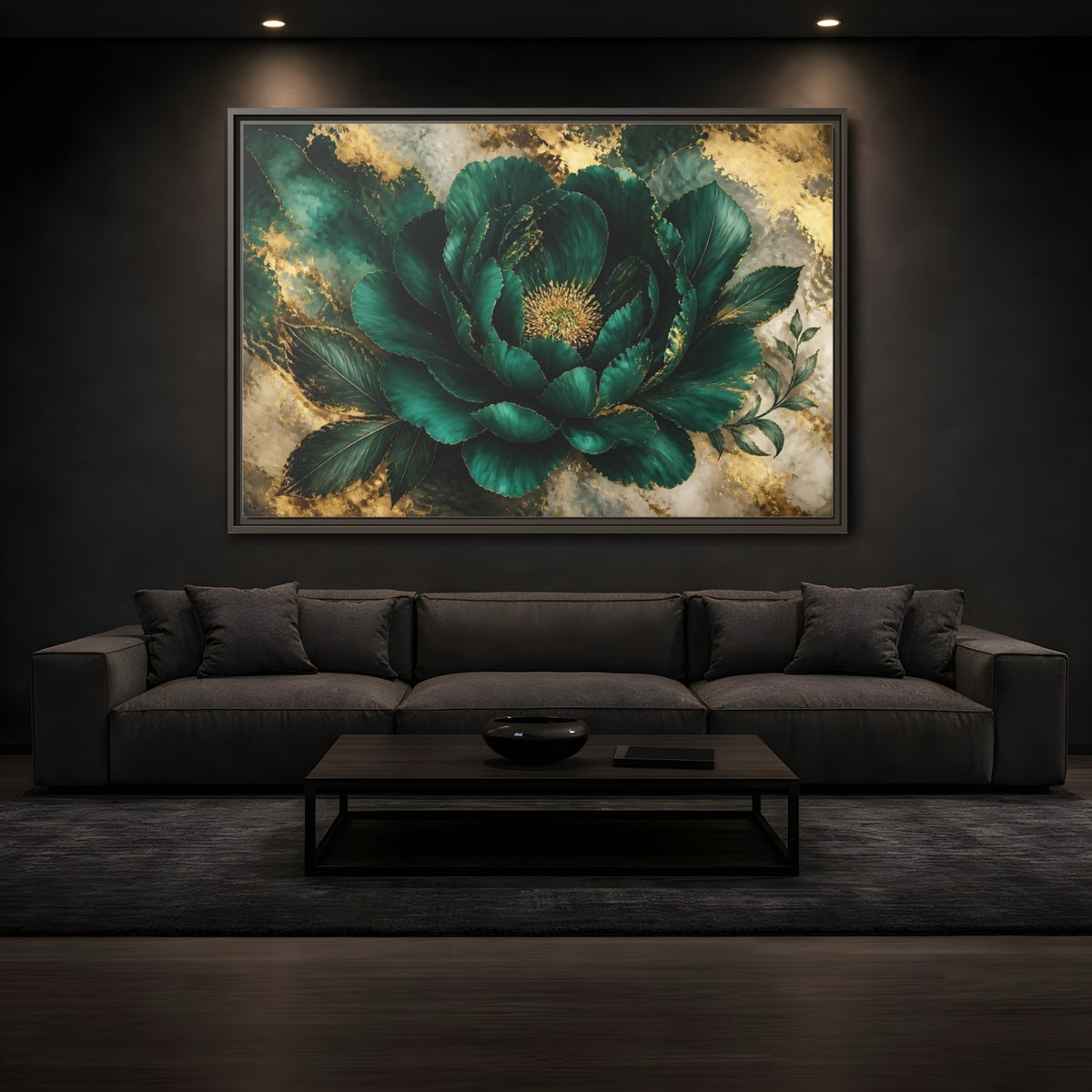 Mockup 3. Emerald Peony With Gold shown as framed canvas print