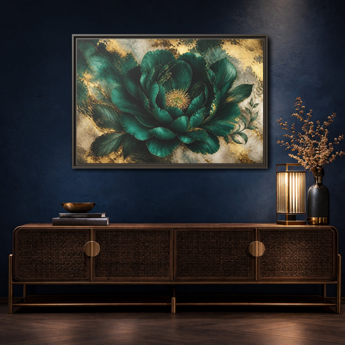 Mockup 4. Emerald Peony With Gold shown as framed canvas print