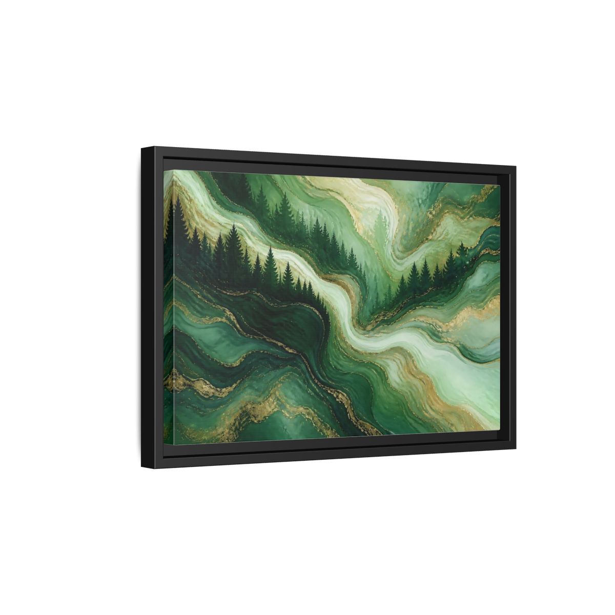 Side Mockup 6. Emerald Pine Forest Swirls shown as framed canvas print