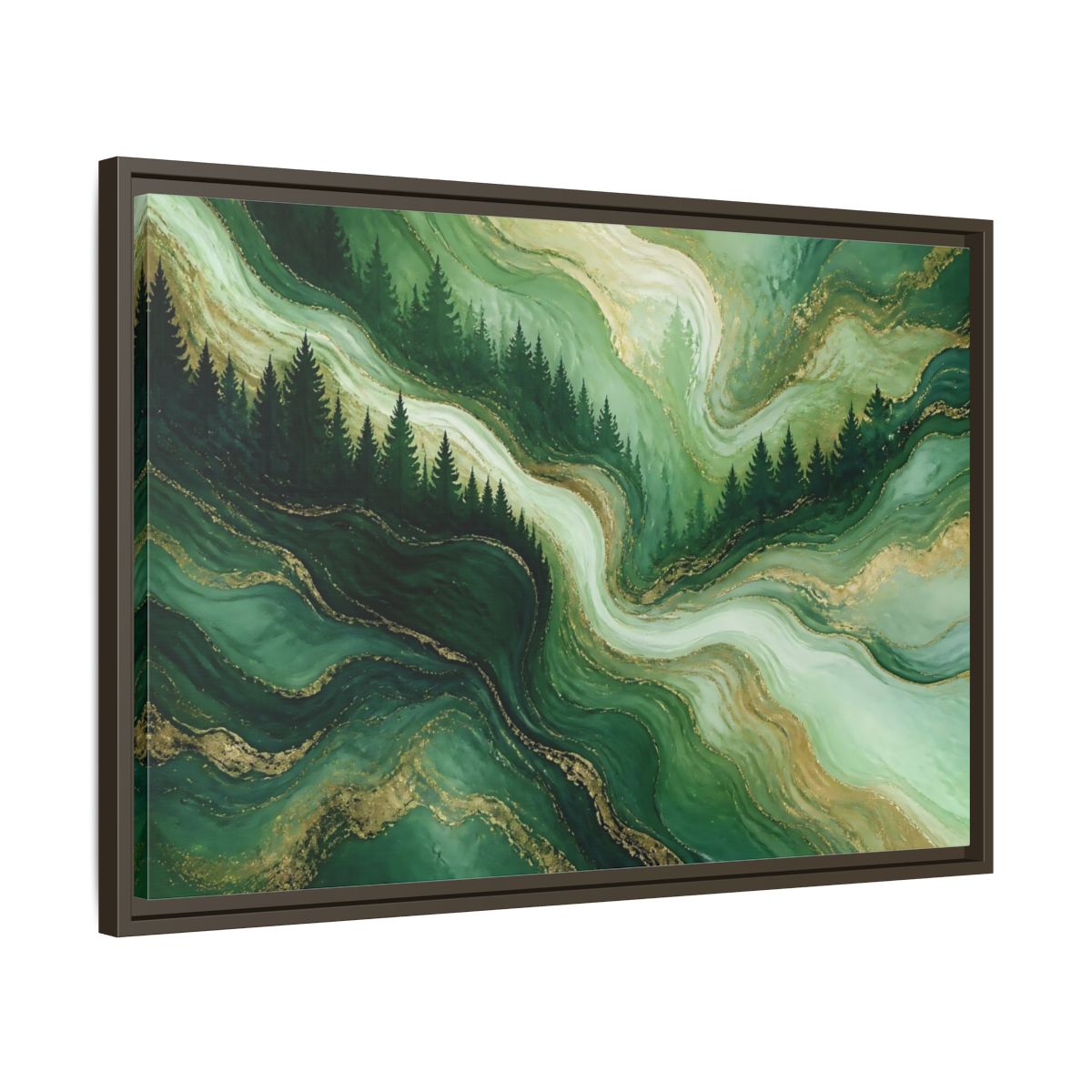Side Mockup 11. Emerald Pine Forest Swirls shown as framed canvas print