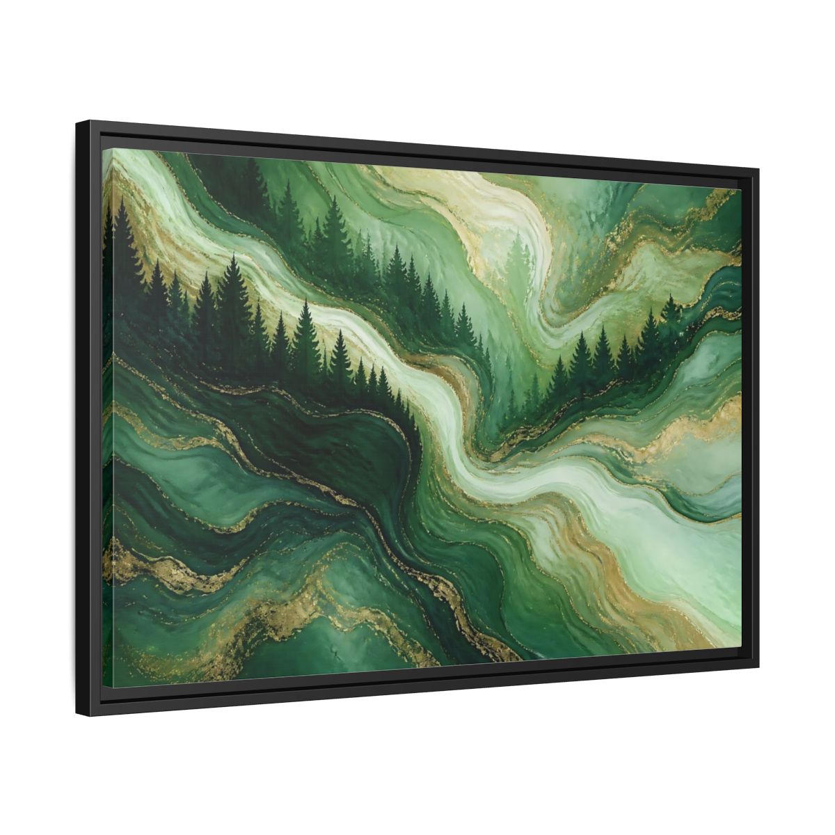 Side Mockup 14. Emerald Pine Forest Swirls shown as framed canvas print