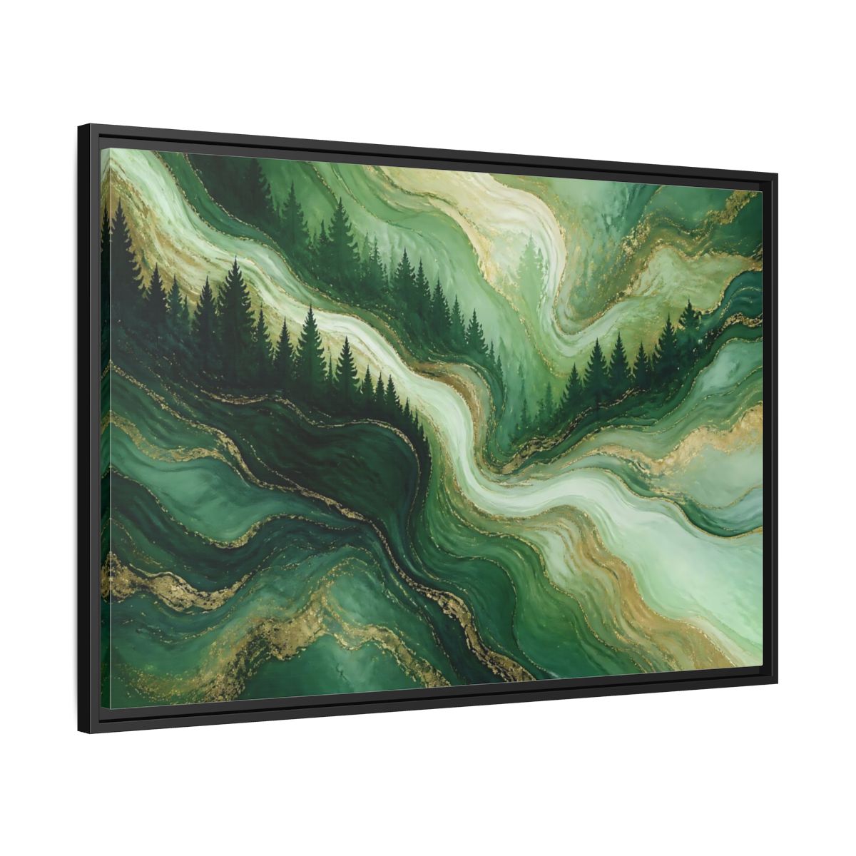 Side Mockup 13. Emerald Pine Forest Swirls shown as framed canvas print