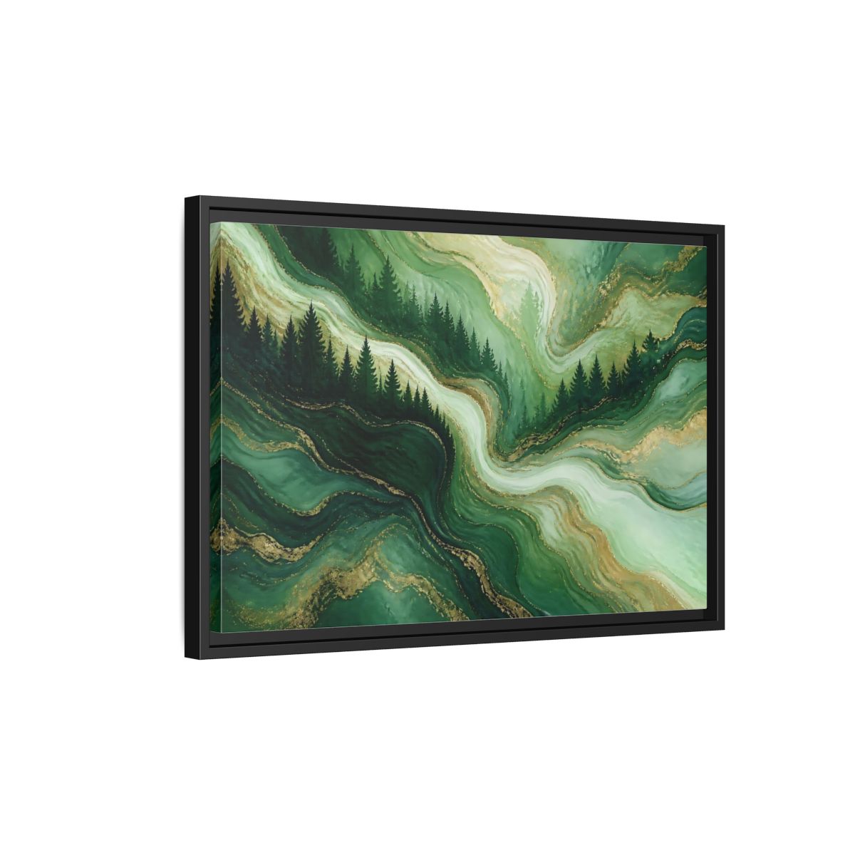 Side Mockup 3. Emerald Pine Forest Swirls shown as framed canvas print