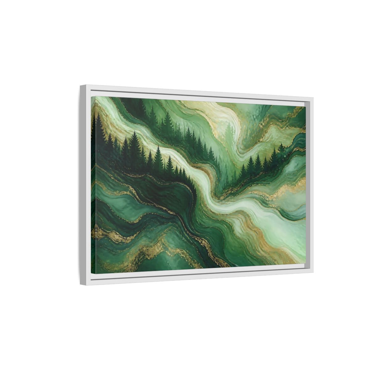 Side Mockup 1. Emerald Pine Forest Swirls shown as framed canvas print