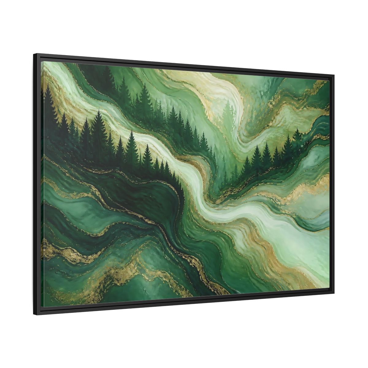 Side Mockup 12. Emerald Pine Forest Swirls shown as framed canvas print