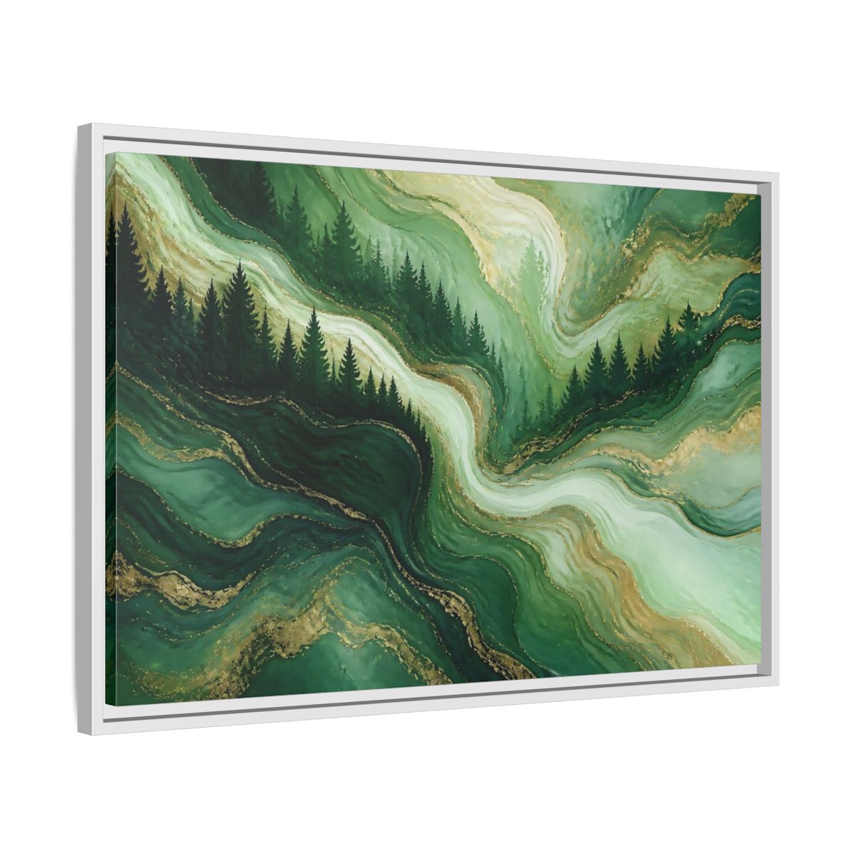 Side Mockup 10. Emerald Pine Forest Swirls shown as framed canvas print