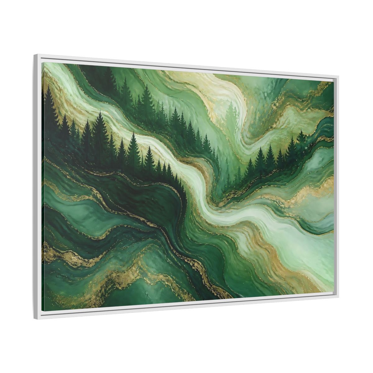 Side Mockup 7. Emerald Pine Forest Swirls shown as framed canvas print