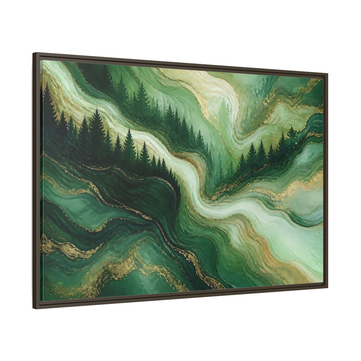 Side Mockup 8. Emerald Pine Forest Swirls shown as framed canvas print