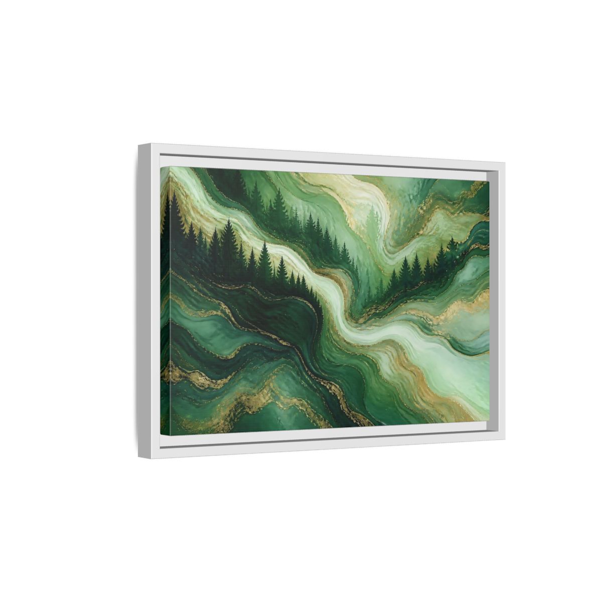 Side Mockup 4. Emerald Pine Forest Swirls shown as framed canvas print
