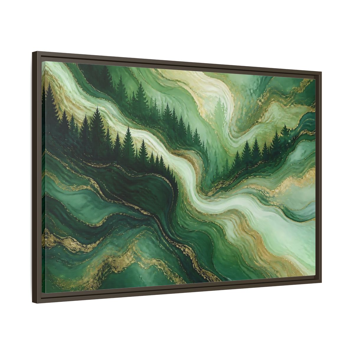 Main Mockup. Emerald Pine Forest Swirls shown as framed canvas print