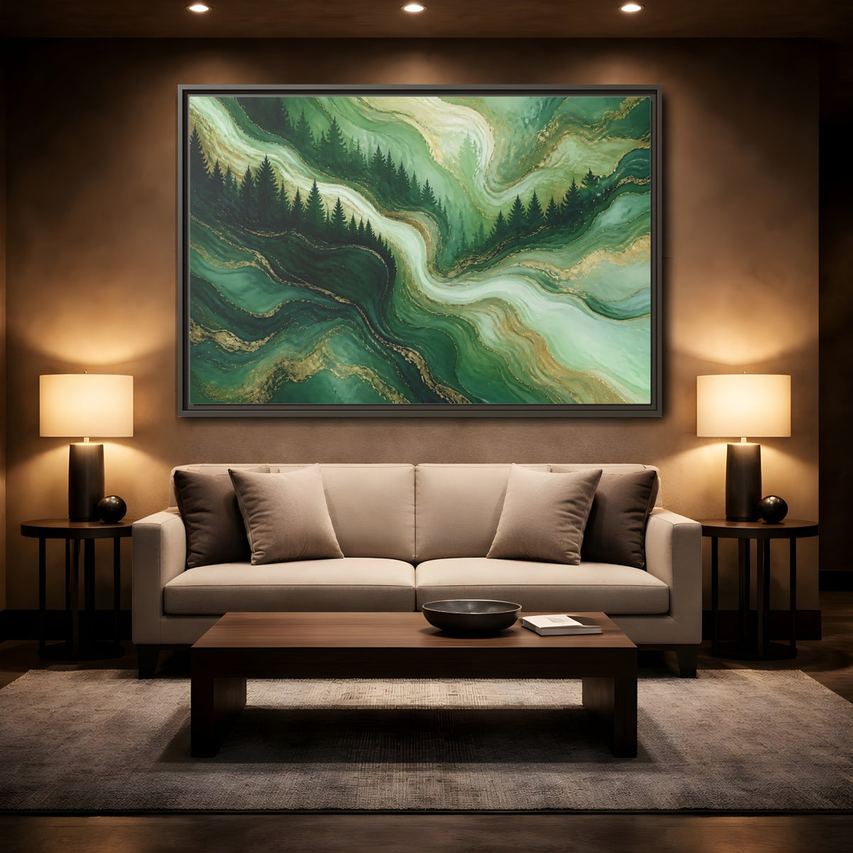 Mockup 2. Emerald Pine Forest Swirls shown as framed canvas print
