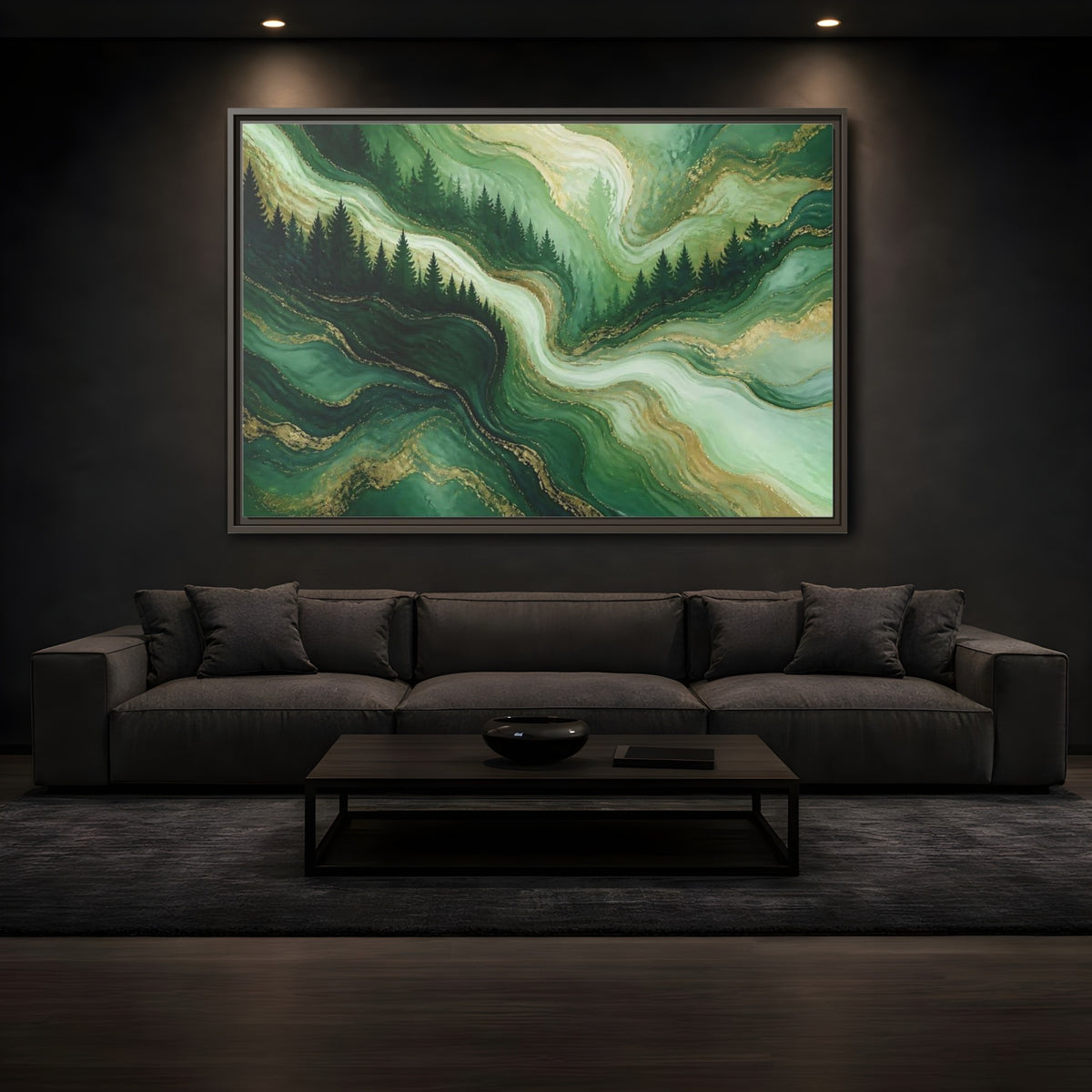 Mockup 3. Emerald Pine Forest Swirls shown as framed canvas print