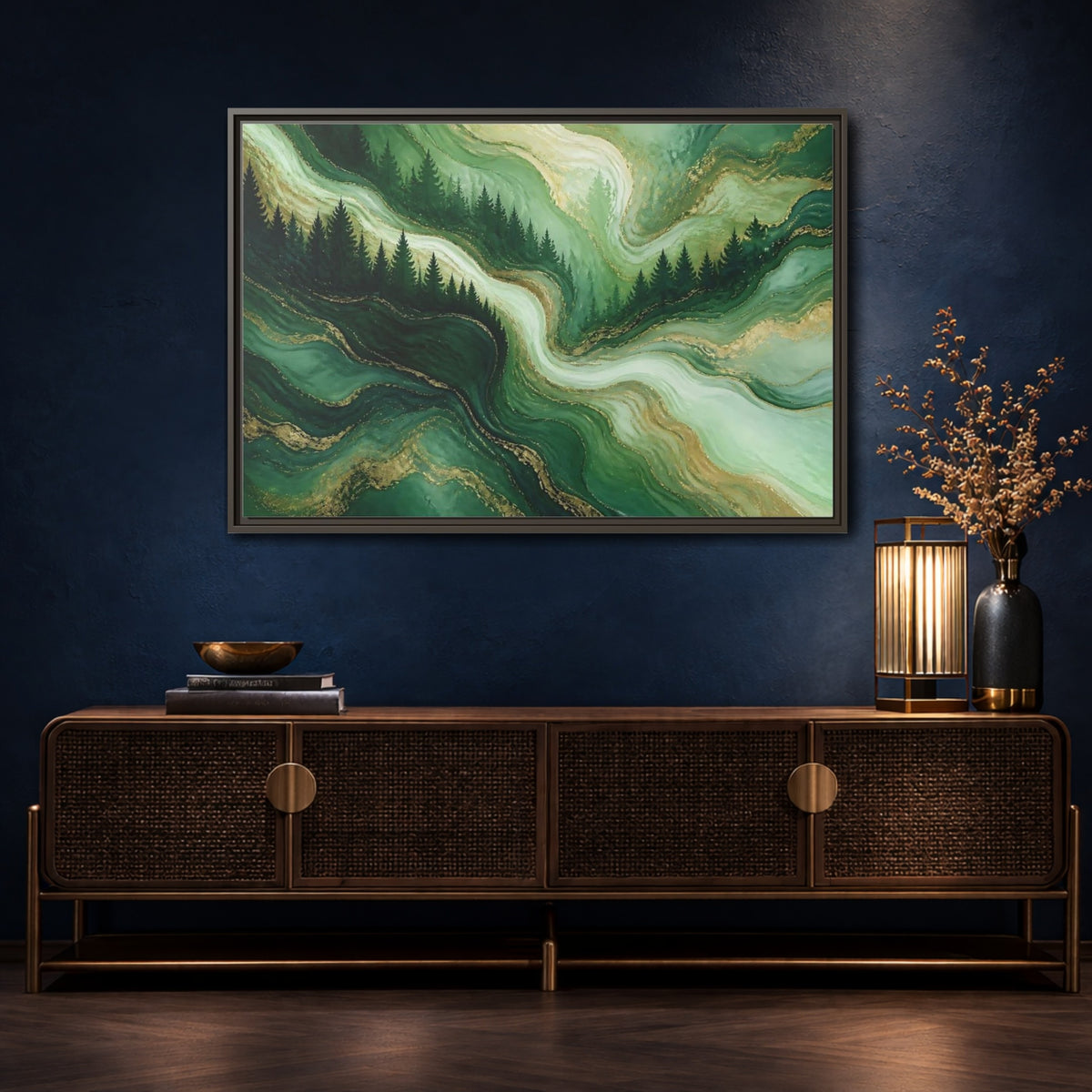 Mockup 4. Emerald Pine Forest Swirls shown as framed canvas print