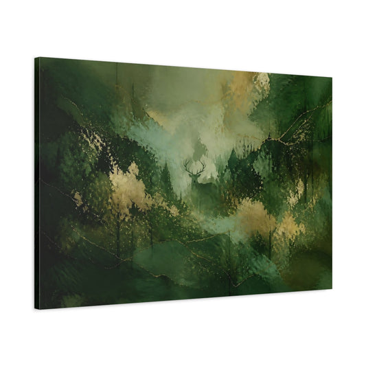 Main Mockup. Emerald Stag In Forest shown as canvas print