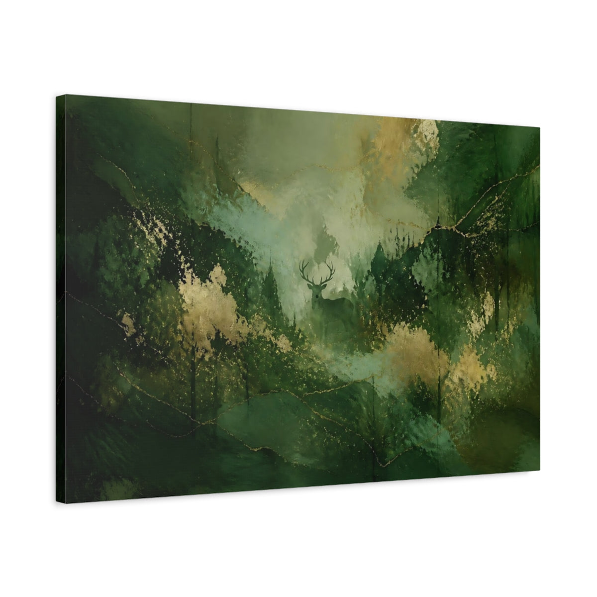 Side Mockup 2. Emerald Stag In Forest shown as canvas print