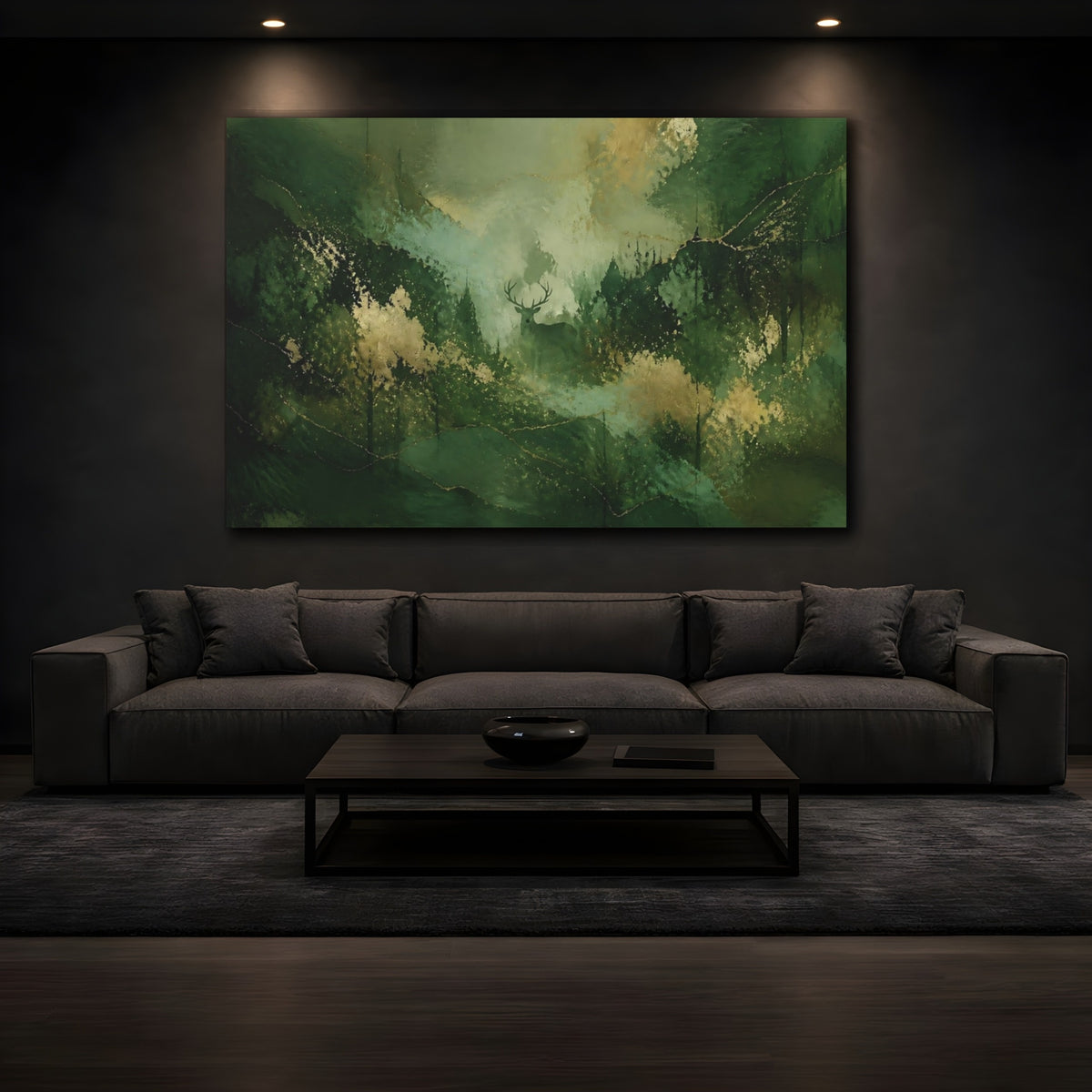 Mockup 3. Emerald Stag In Forest shown as canvas print