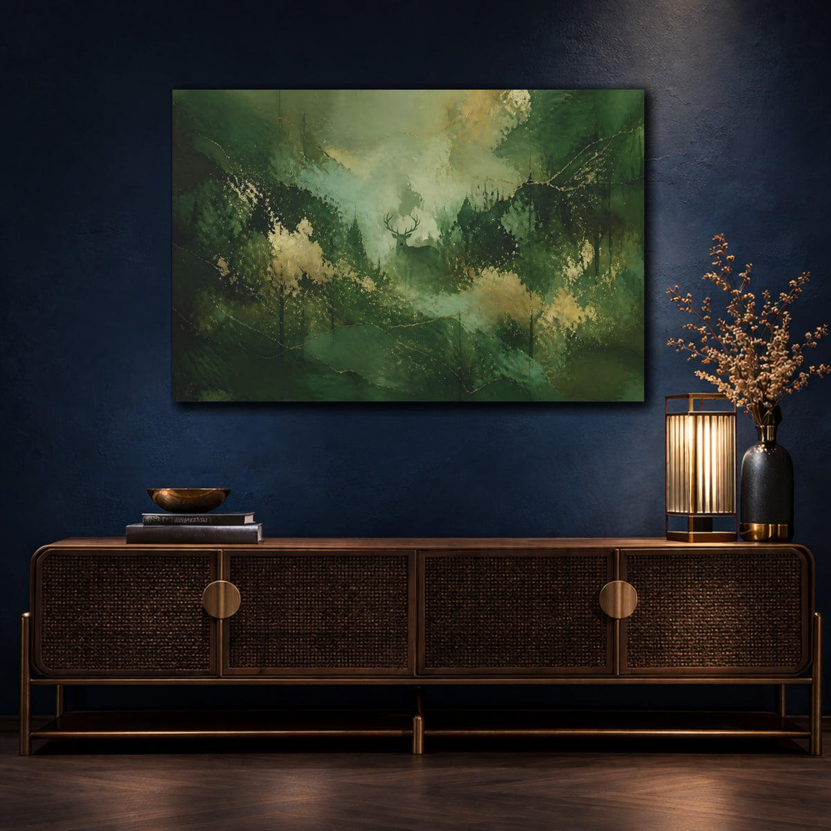 Mockup 4. Emerald Stag In Forest shown as canvas print