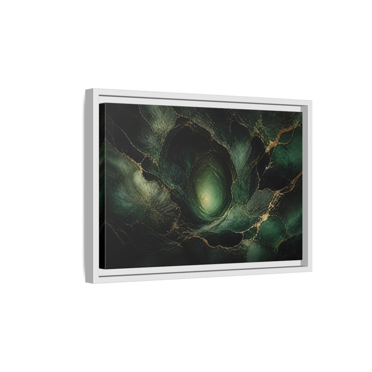 Side Mockup 4. Emerald Vortex Gold Veins shown as framed canvas print