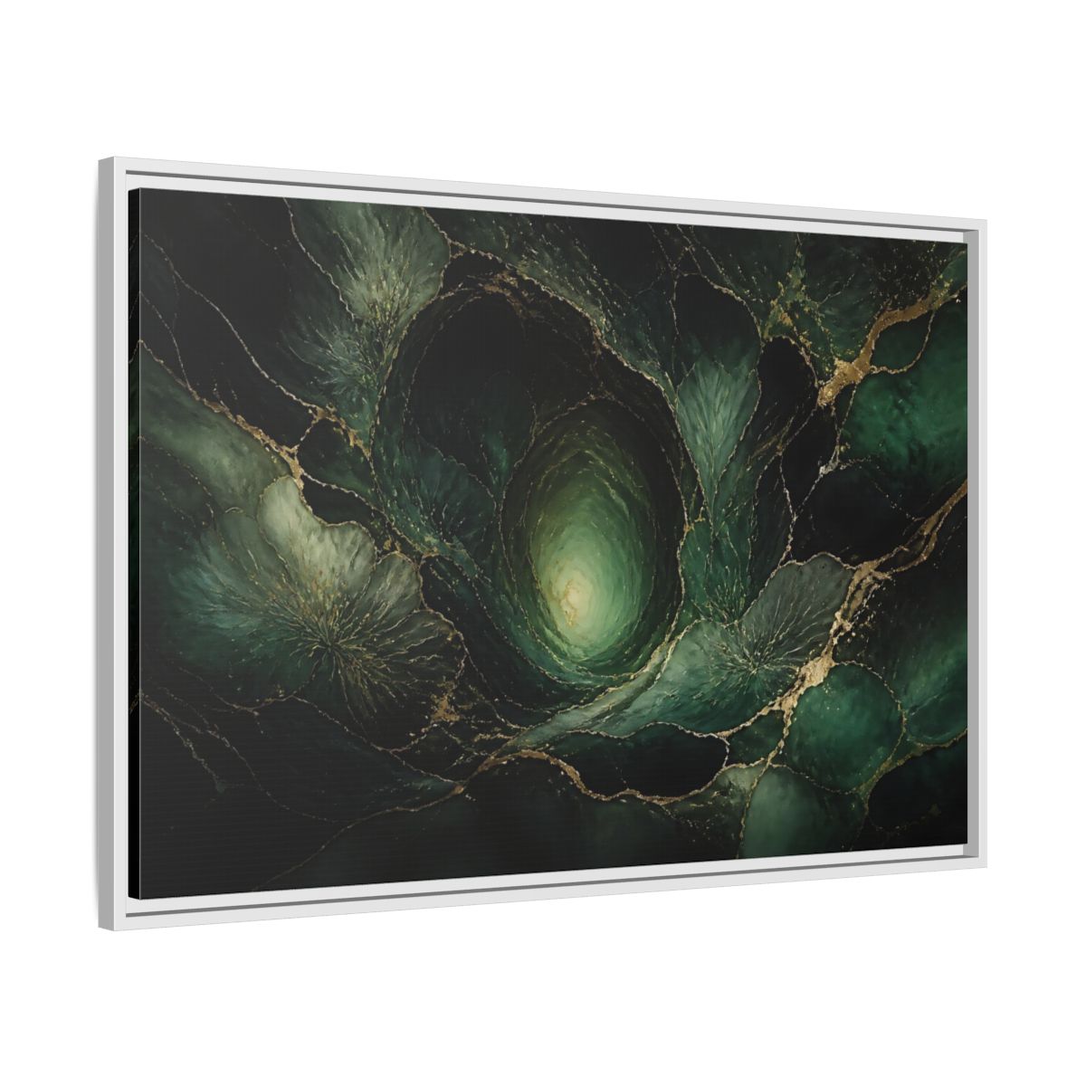 Side Mockup 9. Emerald Vortex Gold Veins shown as framed canvas print