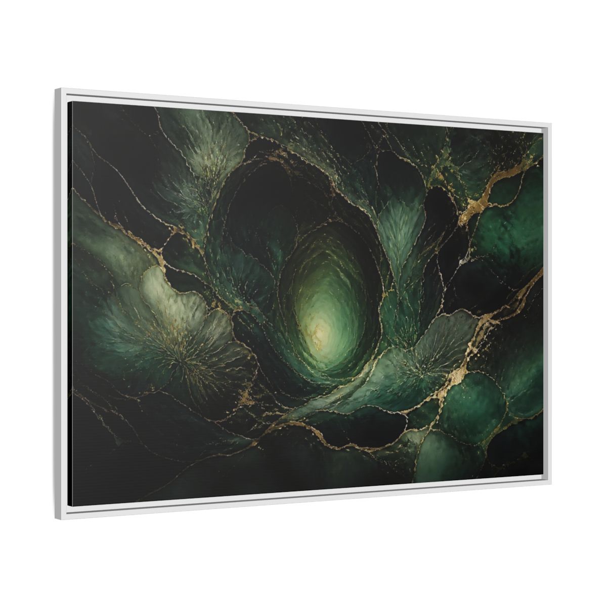 Side Mockup 7. Emerald Vortex Gold Veins shown as framed canvas print