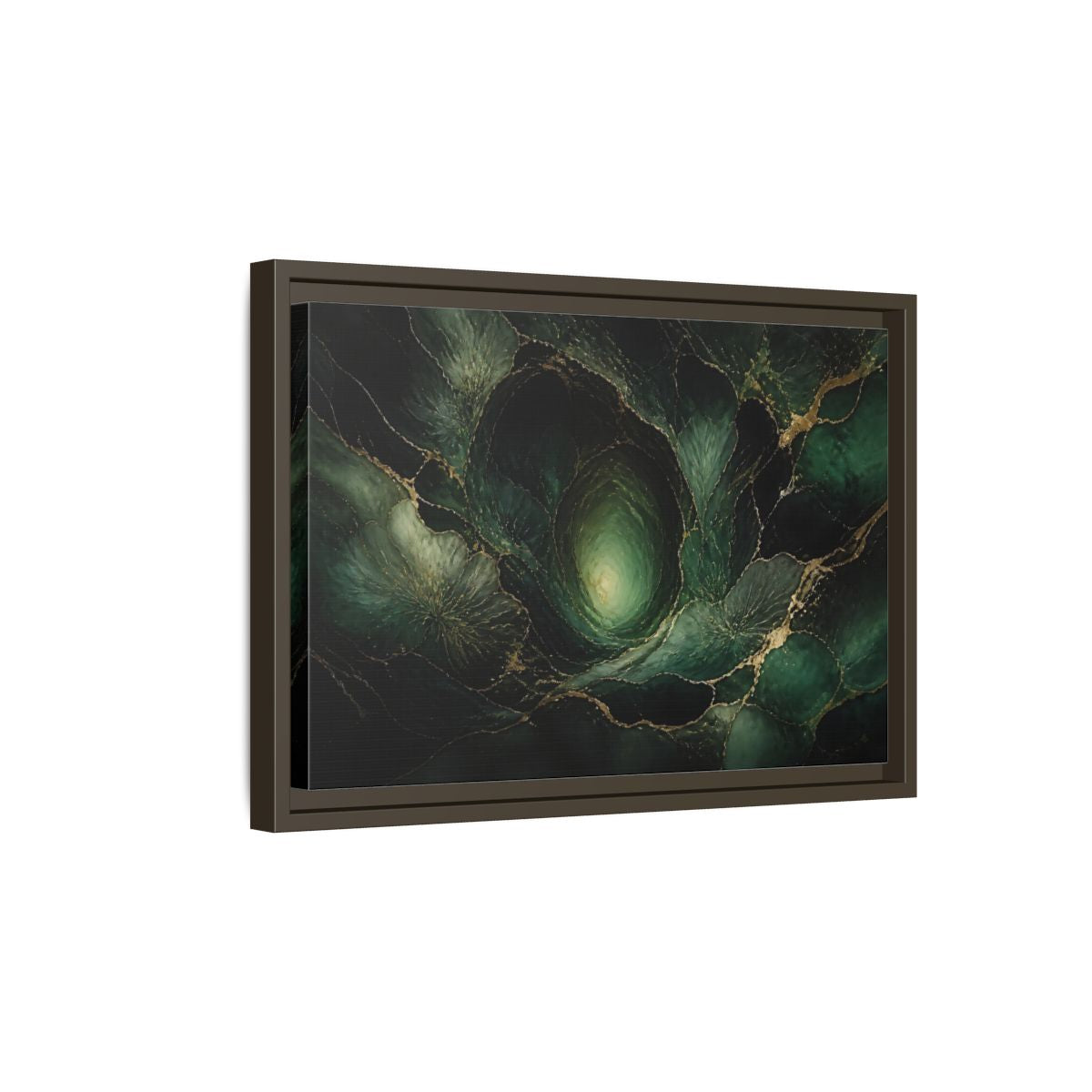 Side Mockup 5. Emerald Vortex Gold Veins shown as framed canvas print
