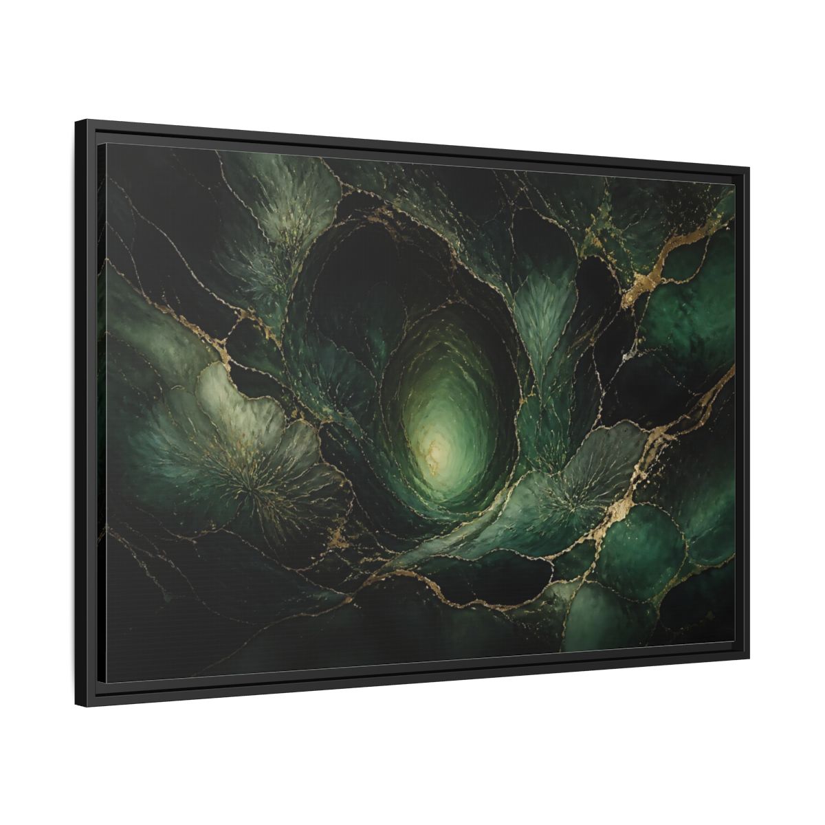 Side Mockup 13. Emerald Vortex Gold Veins shown as framed canvas print