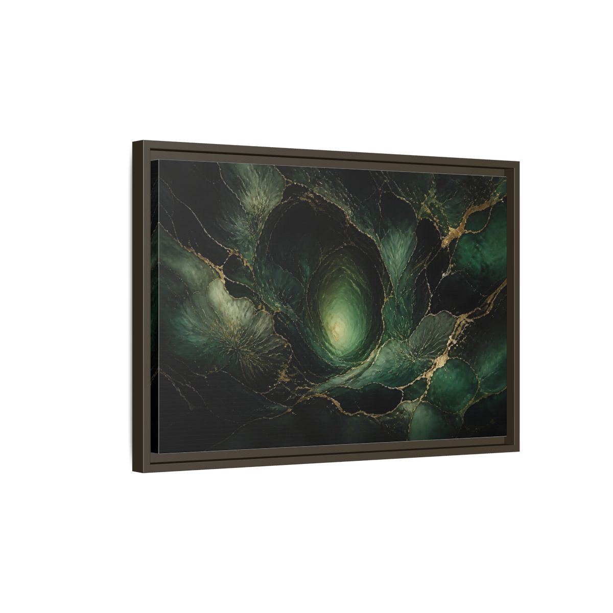 Side Mockup 2. Emerald Vortex Gold Veins shown as framed canvas print