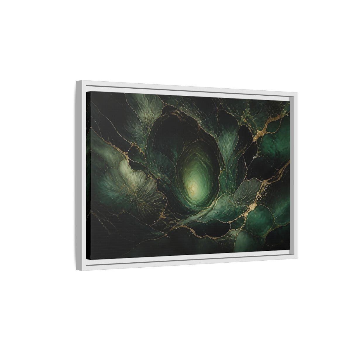 Side Mockup 1. Emerald Vortex Gold Veins shown as framed canvas print
