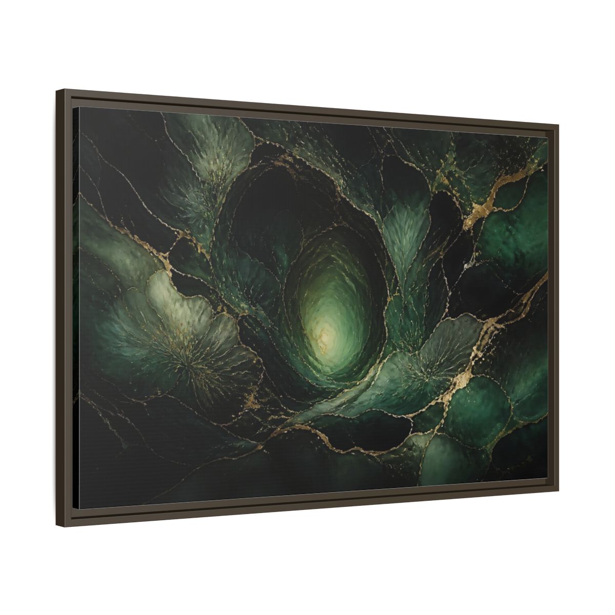 Main Mockup. Emerald Vortex Gold Veins shown as framed canvas print