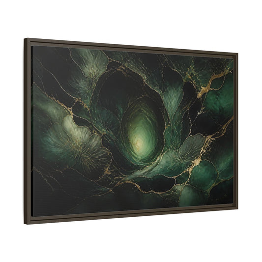 Main Mockup. Emerald Vortex Gold Veins shown as framed canvas print