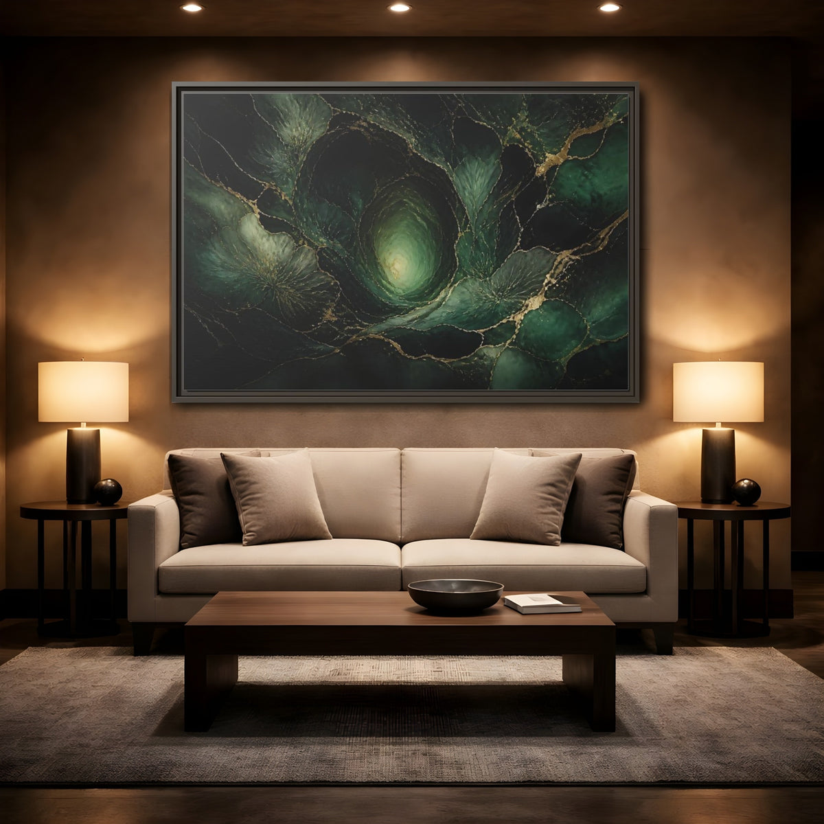 Mockup 2. Emerald Vortex Gold Veins shown as framed canvas print