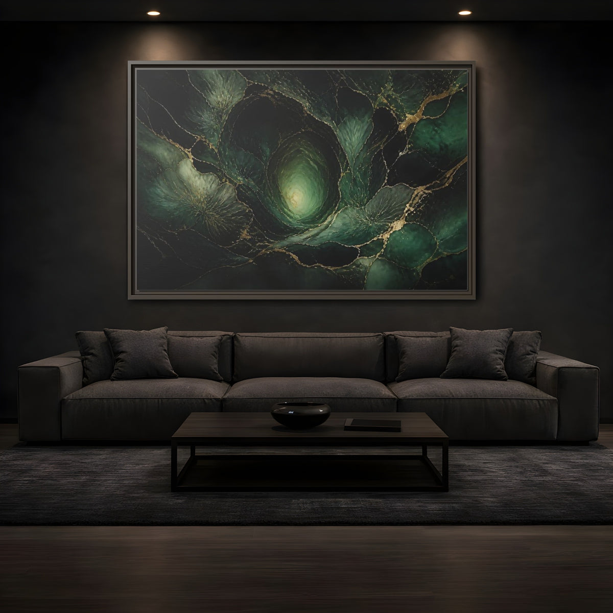 Mockup 3. Emerald Vortex Gold Veins shown as framed canvas print