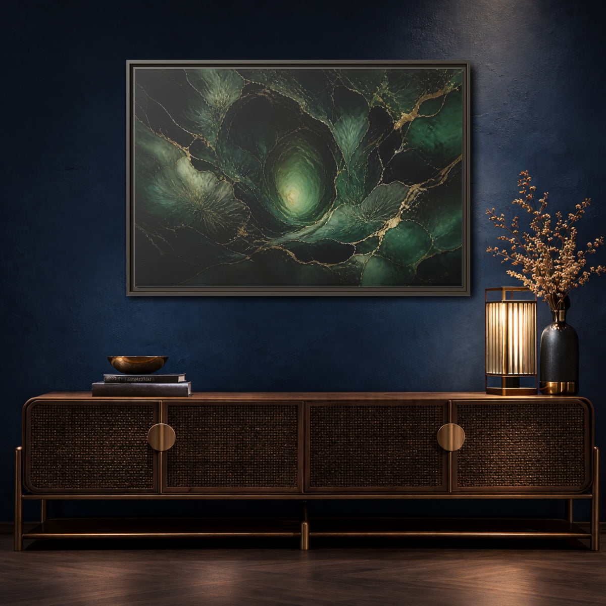 Mockup 4. Emerald Vortex Gold Veins shown as framed canvas print