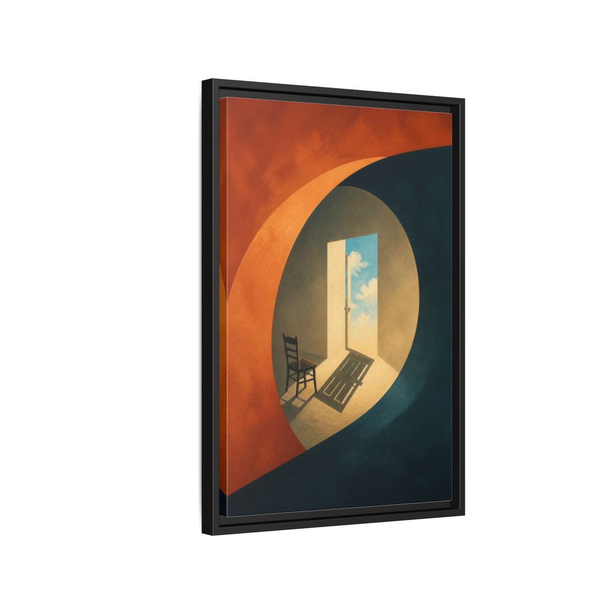 Side Mockup 3. Empty Chair Illusion shown as framed canvas print