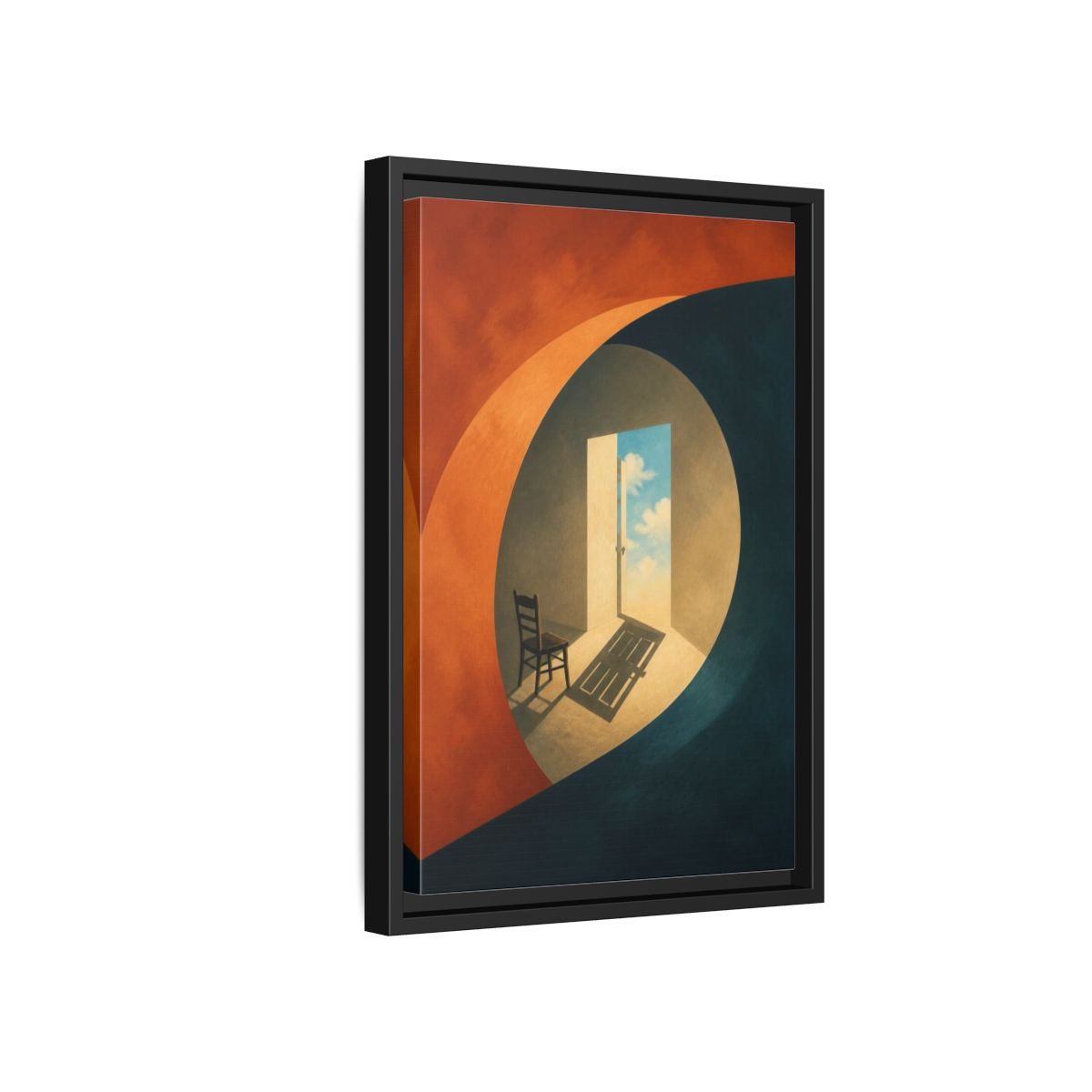 Side Mockup 6. Empty Chair Illusion shown as framed canvas print