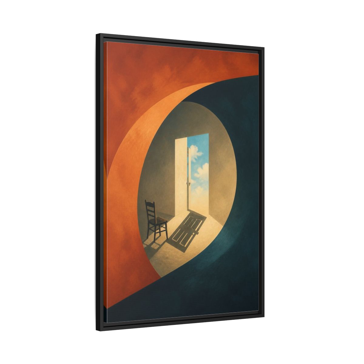 Side Mockup 13. Empty Chair Illusion shown as framed canvas print