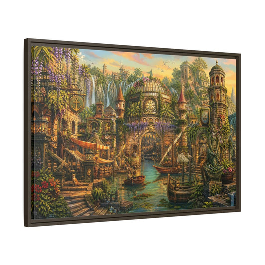 Main Mockup. Enchanted Ancient Harbor shown as framed canvas print