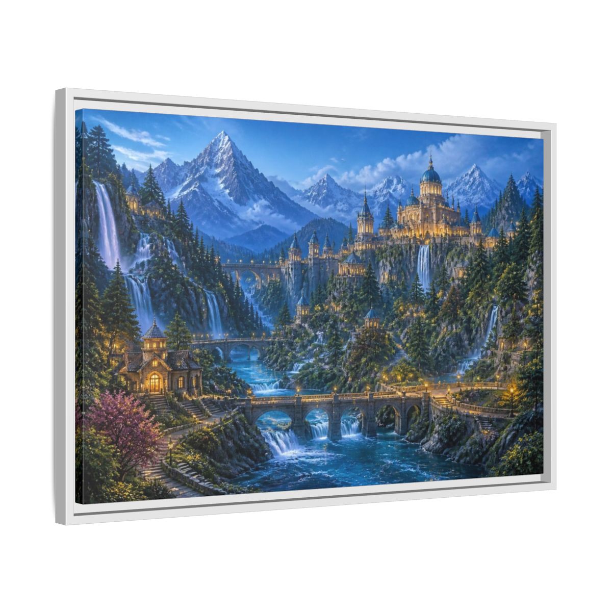 Side Mockup 10. Enchanted Castle Landscape shown as framed canvas print