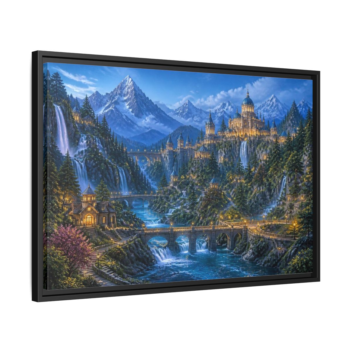 Side Mockup 14. Enchanted Castle Landscape shown as framed canvas print