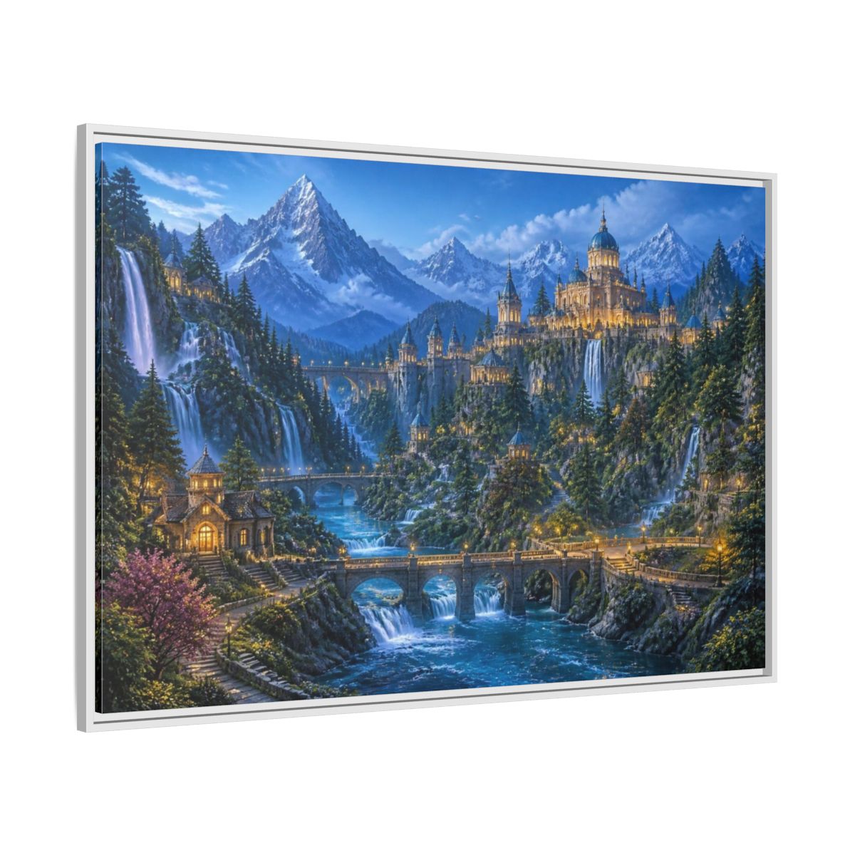 Side Mockup 7. Enchanted Castle Landscape shown as framed canvas print