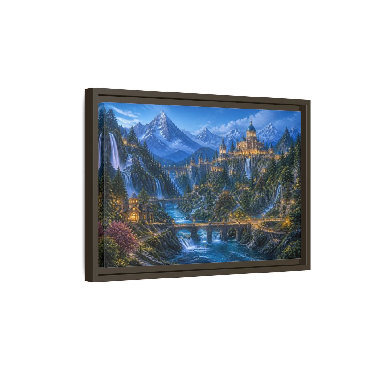 Side Mockup 5. Enchanted Castle Landscape shown as framed canvas print