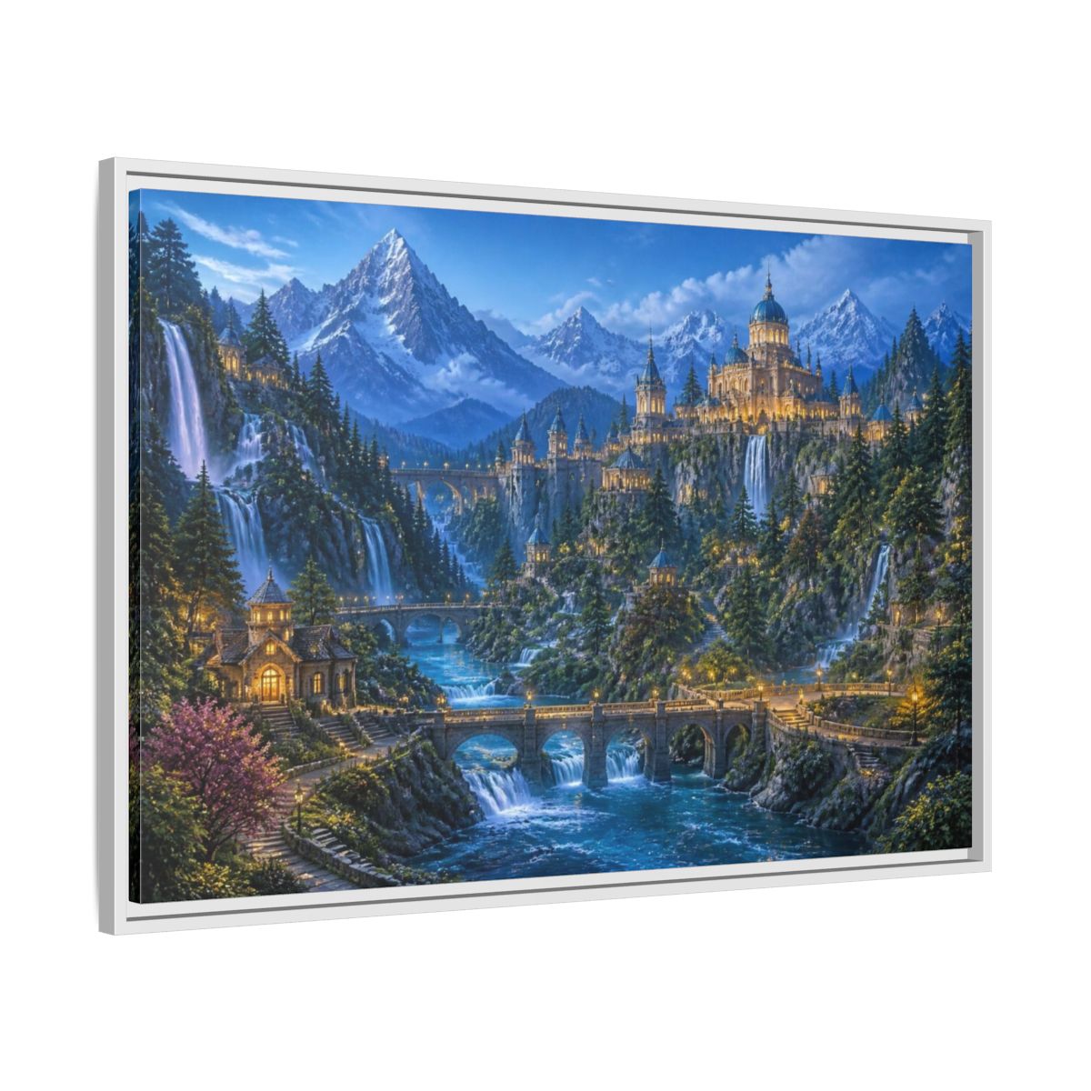 Side Mockup 9. Enchanted Castle Landscape shown as framed canvas print