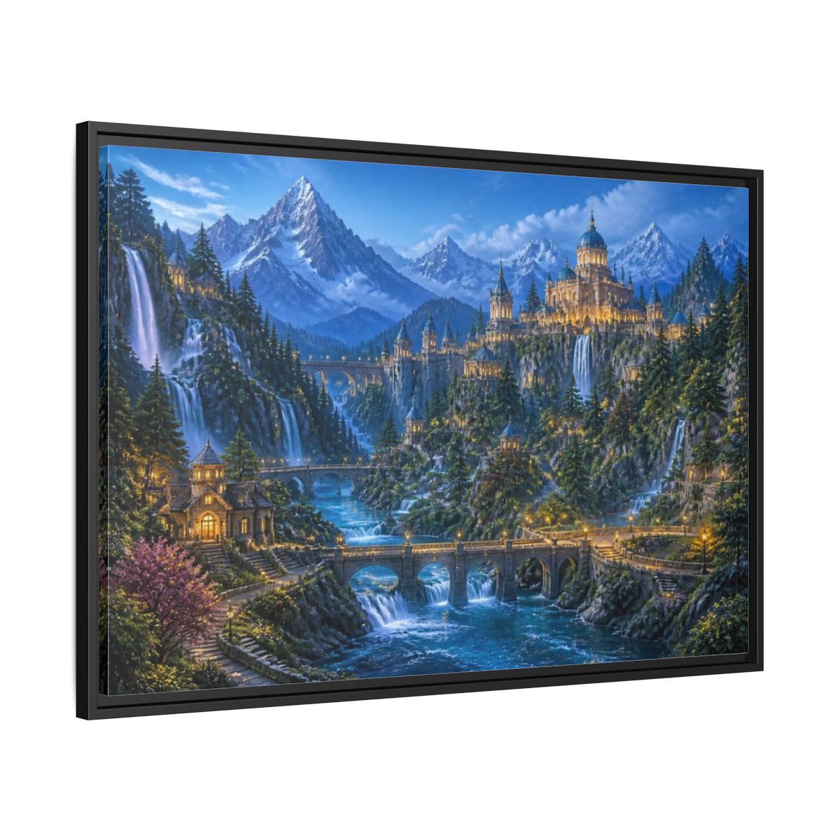 Side Mockup 13. Enchanted Castle Landscape shown as framed canvas print