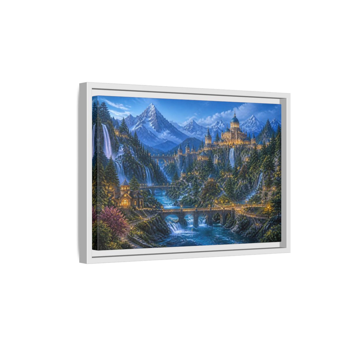 Side Mockup 4. Enchanted Castle Landscape shown as framed canvas print