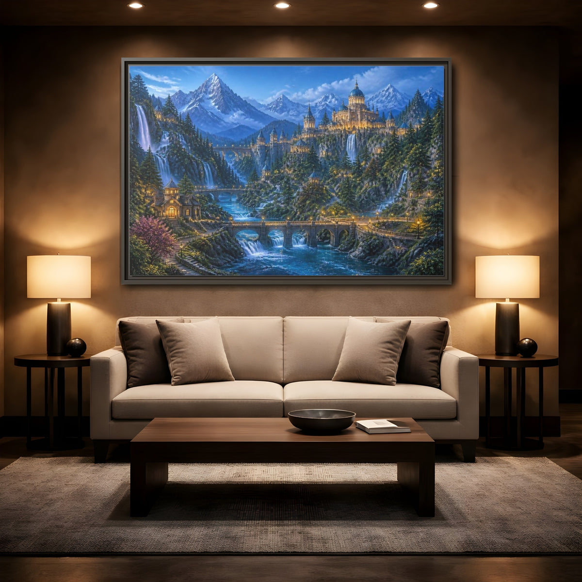 Mockup 2. Enchanted Castle Landscape shown as framed canvas print
