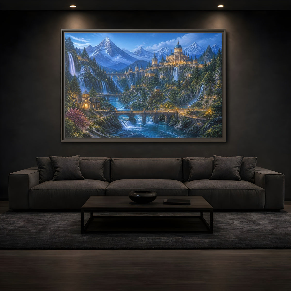 Mockup 3. Enchanted Castle Landscape shown as framed canvas print