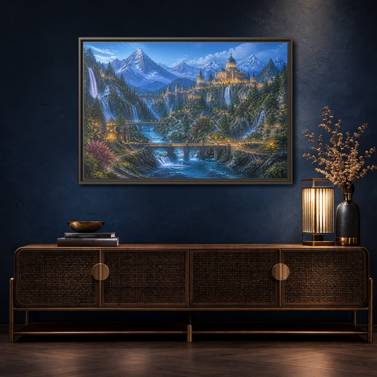 Mockup 4. Enchanted Castle Landscape shown as framed canvas print