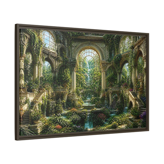 Main Mockup. Enchanted Garden Atrium shown as framed canvas print