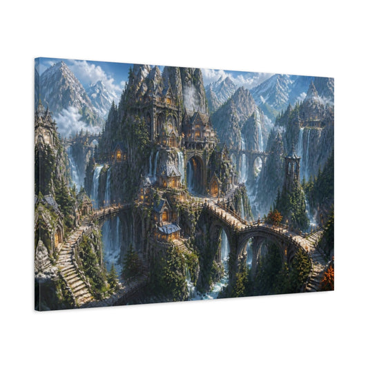 Main Mockup. Enchanted Mountain Village shown as canvas print