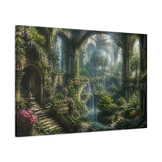 Main Mockup. Enchanted Overgrown Ruins shown as canvas print